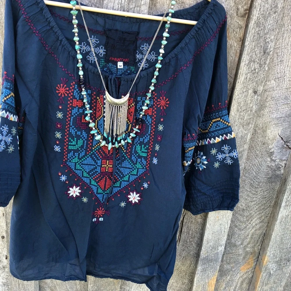 Johnny Was 3J Workshop Embroidered Bohemian Peasant Blouse Size Medium Blue - Picture 4 of 14